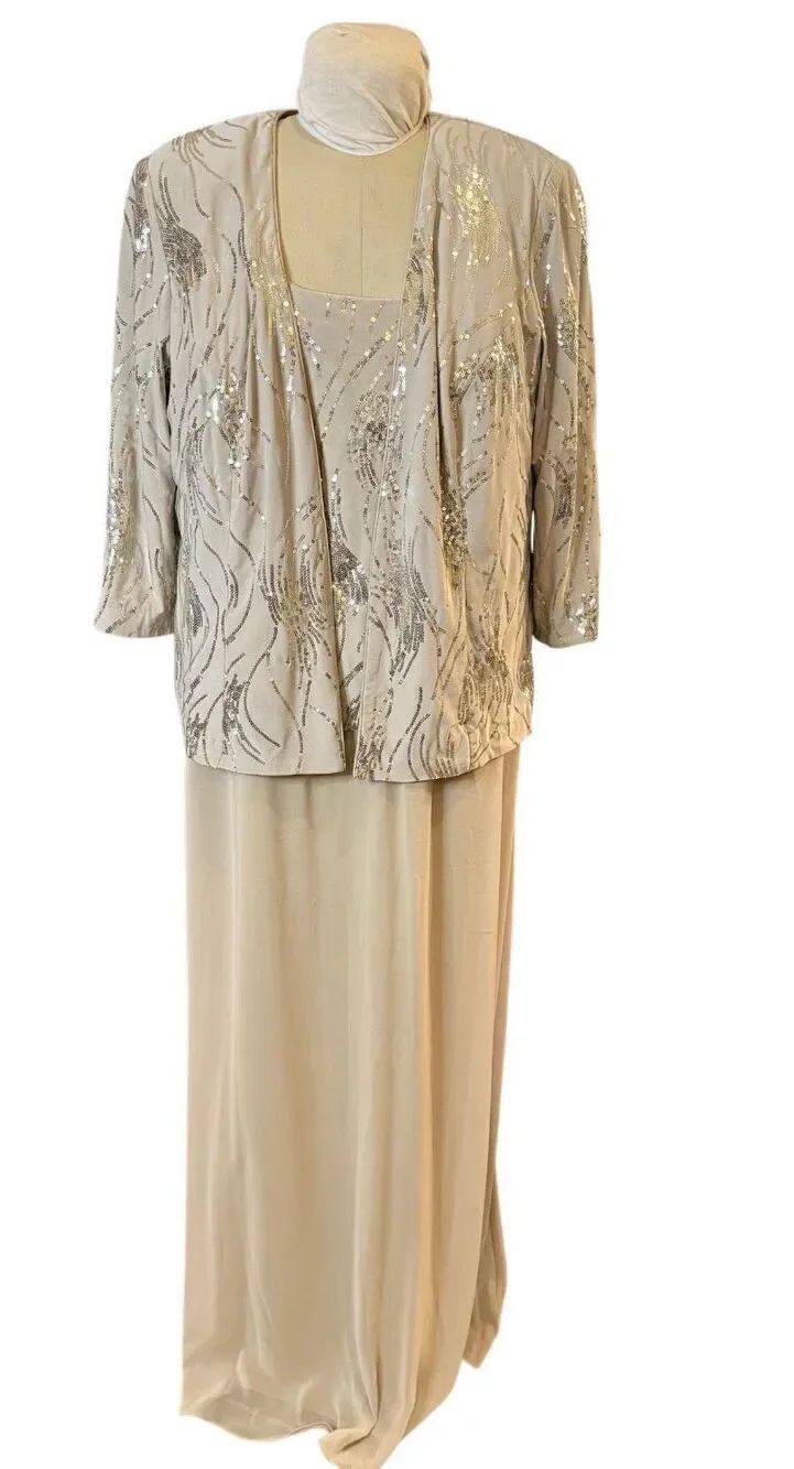 Alex Evenings 2-Piece Tea Length Formal Dress Ensemble Taupe W/Sequins Plus Sz.